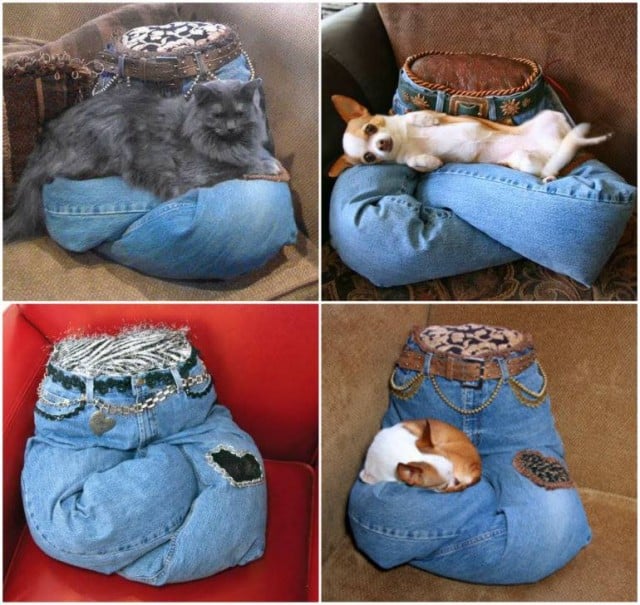 No-sew pet bed made from old jeans