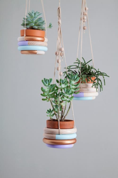 Paint dipped wooden ring hanging planters