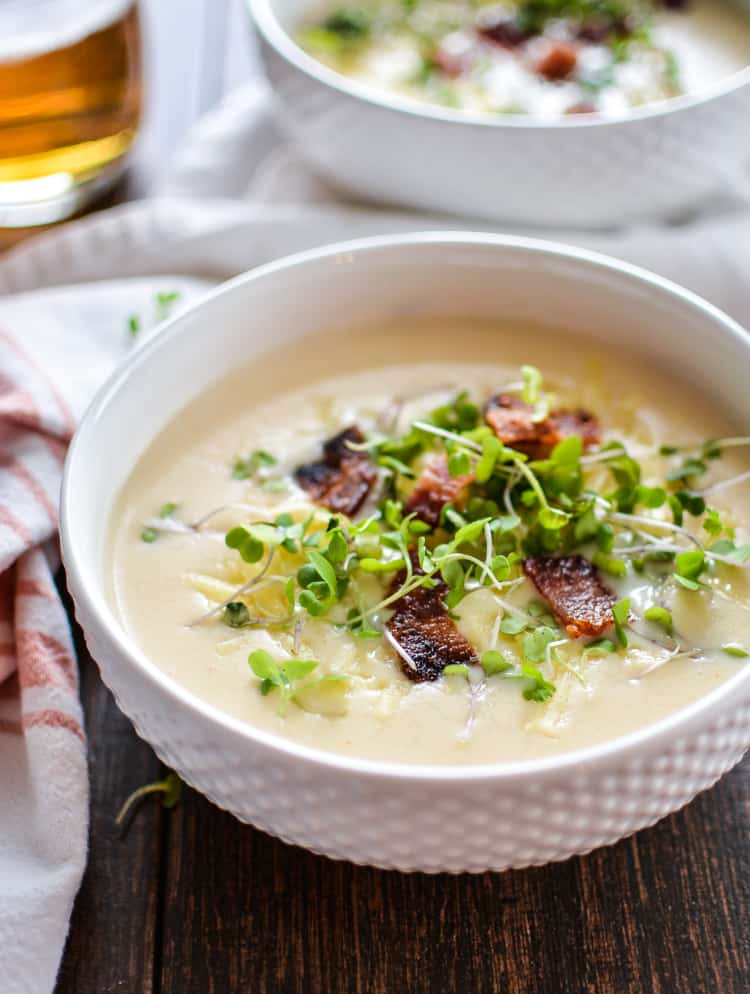 Potato pale ale beer cheese soup with bacon