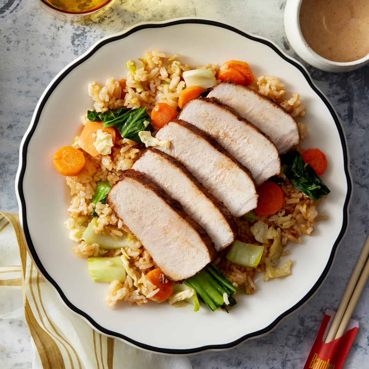 Roast pork and cumin sauce with vegetable fried rice