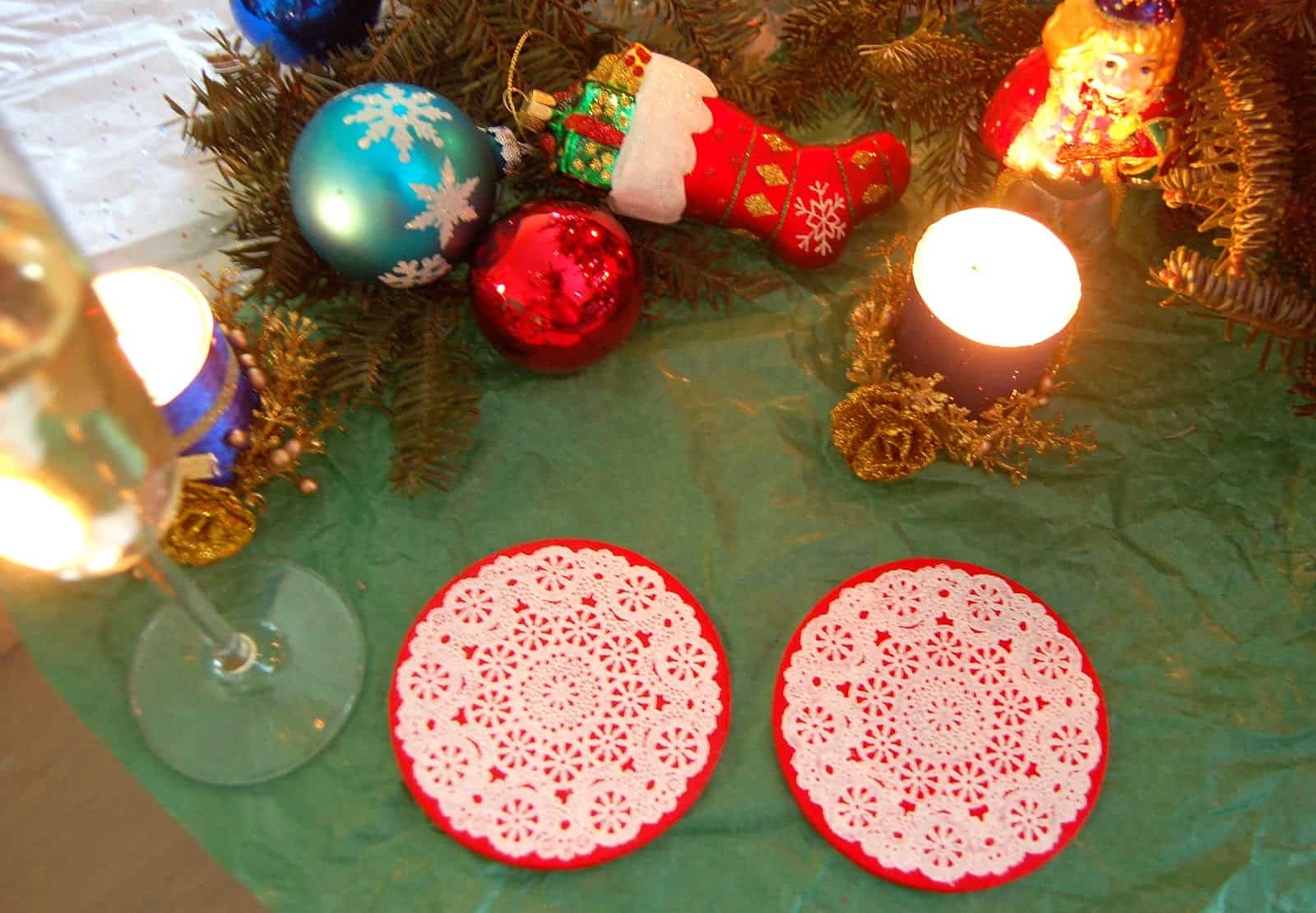 Paper doily holiday coasters