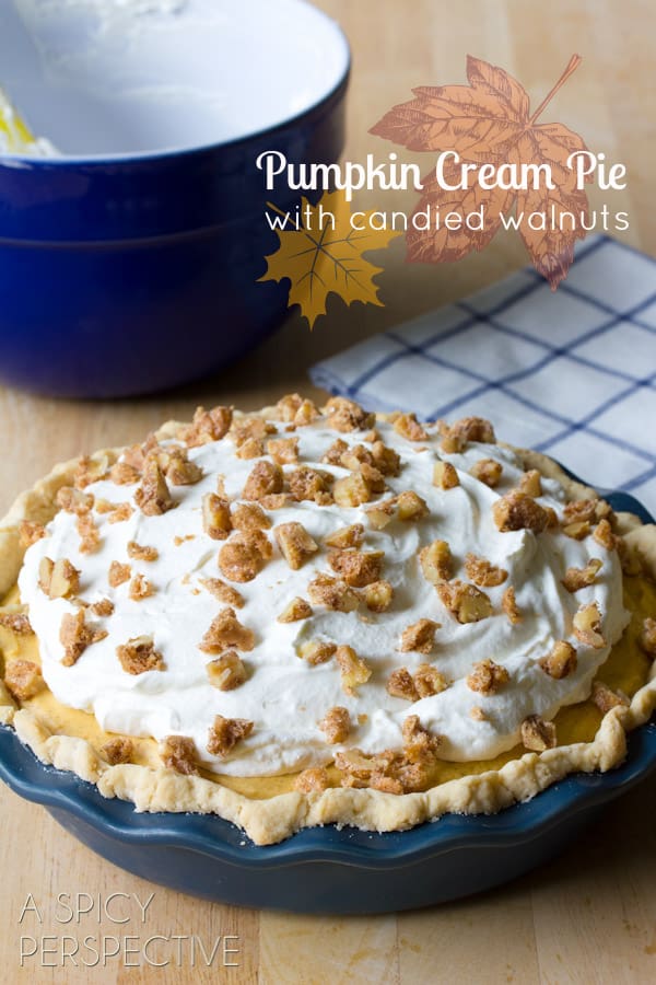 Pumpkin cream pie with candied walnuts