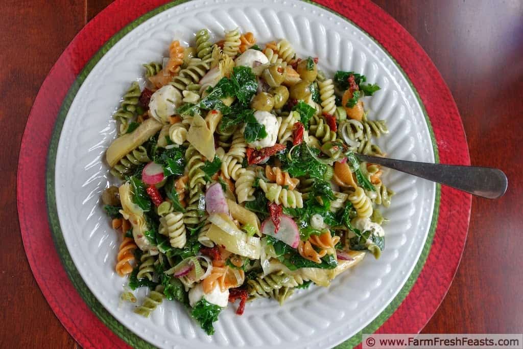 Antipasti pasta salad with kale and radishes
