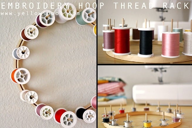 Embroidery hoop and spool thread rack