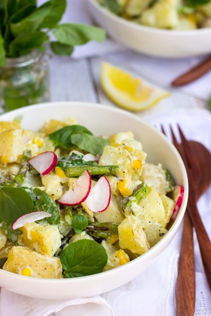 Grilled asparagus and corn potato salad with creamy lemon dill dijon dressing