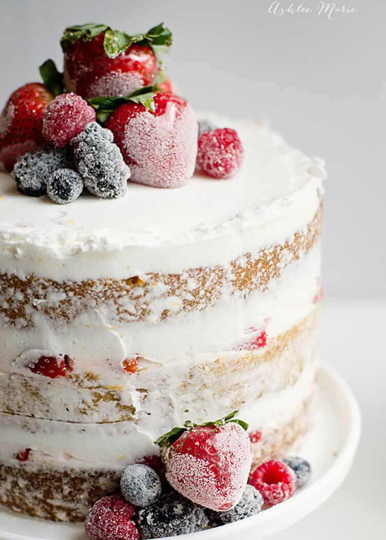Naked cake with lemon buttercream and spring sugar berries