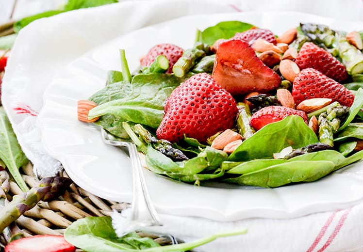 Roasted strawberry and asparagus salad with strawberry tahini dressing