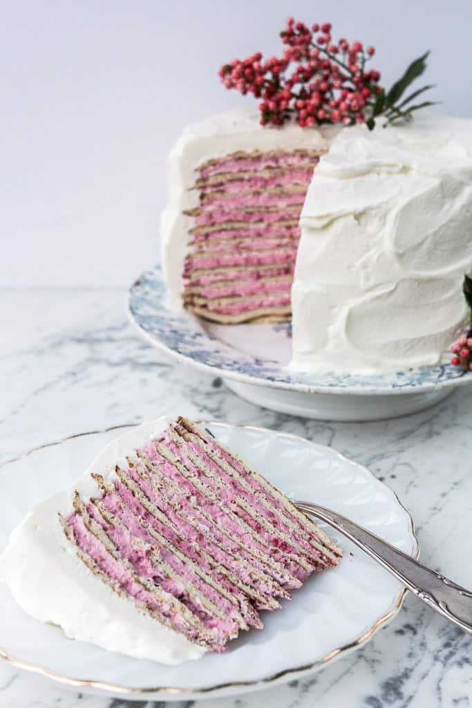 Almond crepe cake with raspberry rose cream