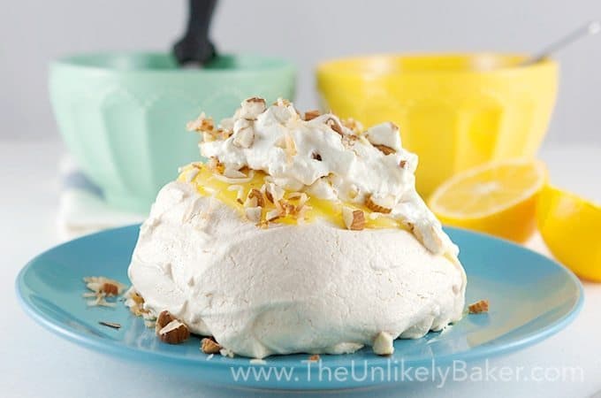 Lemon pavlova with toasted almonds and coconut