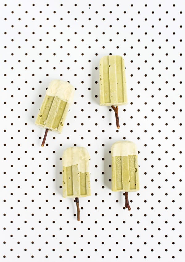 Matcha avocado popsicles dipped in white chocolate