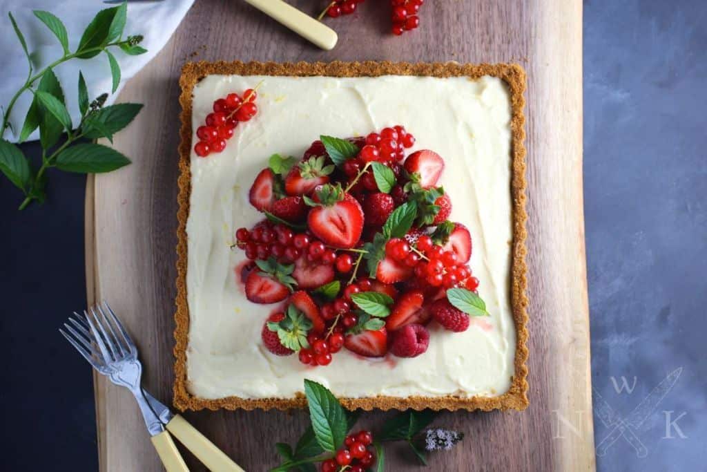 Summer berry tart with lemon mascarpone and cream