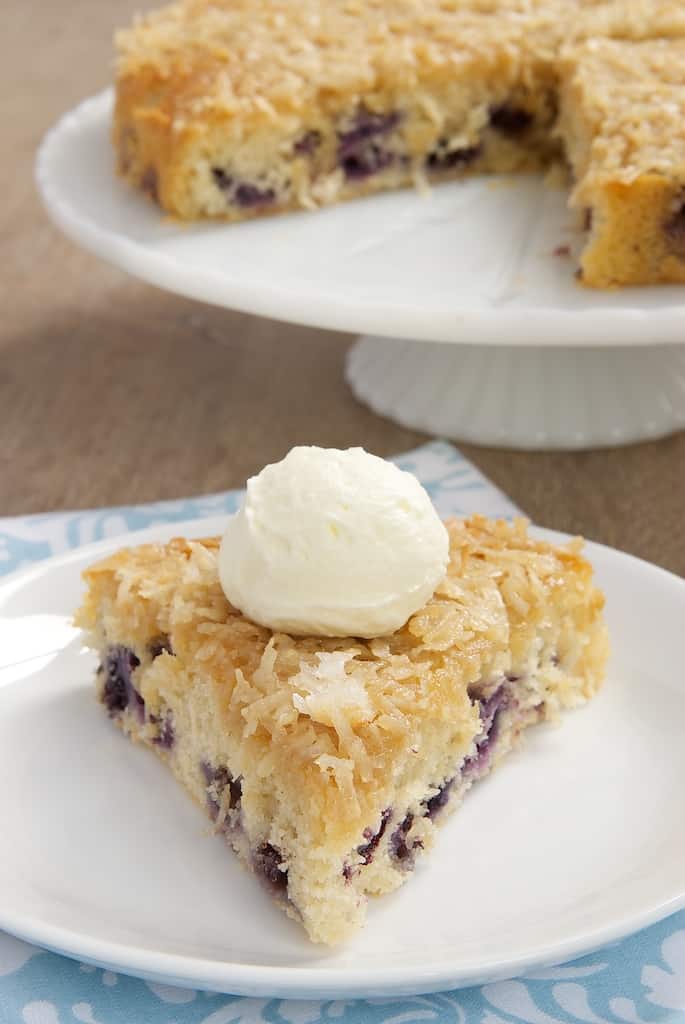 Blueberry cake with toasted coconut topping