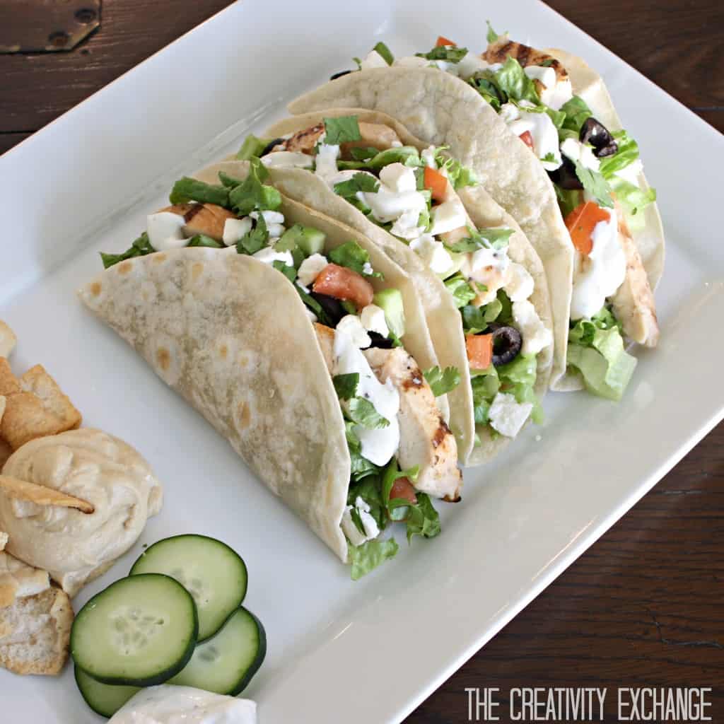 Greek salad tacos with cucumber dill dressing