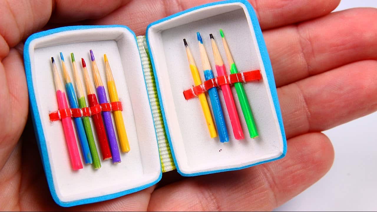 DIY miniature pencil case and coloured pencils