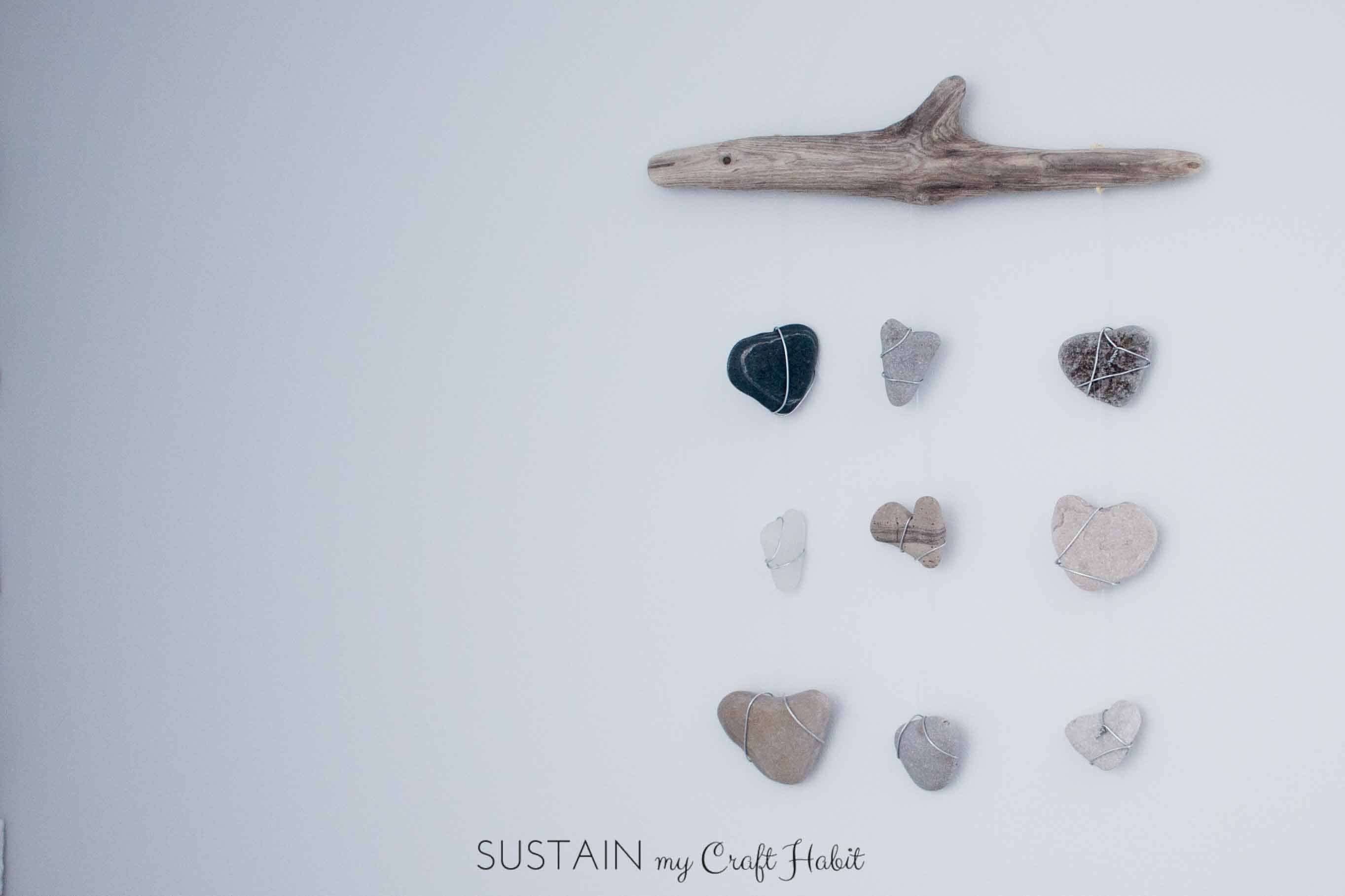 Rock hearts and sea glass branch hanging