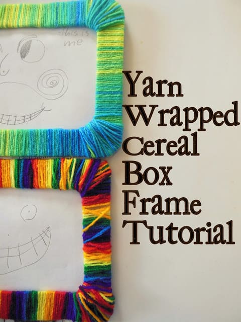 Yarn wrapped cereal box photo frame