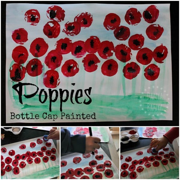 Bottle cap painted poppy field