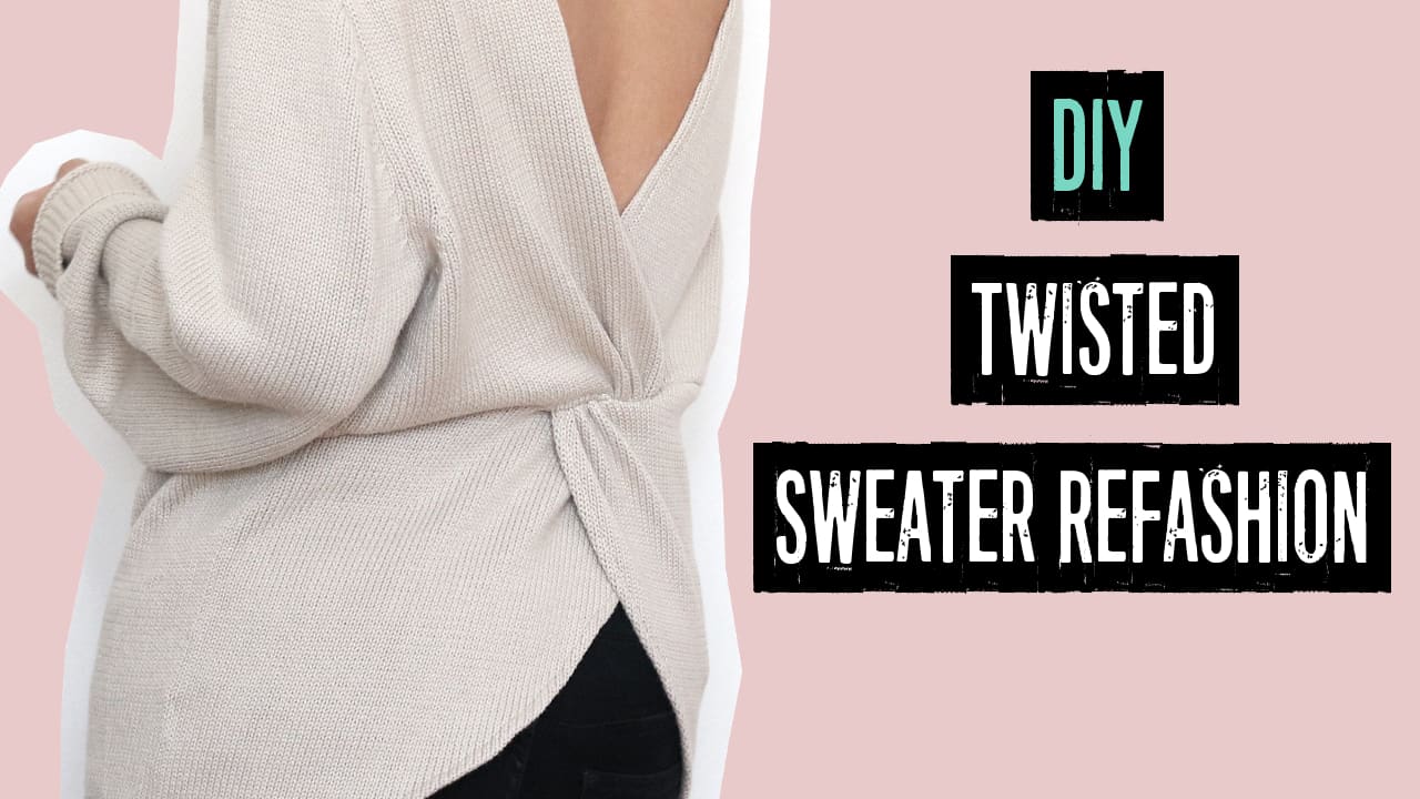 DIY twisted back sweater refashion