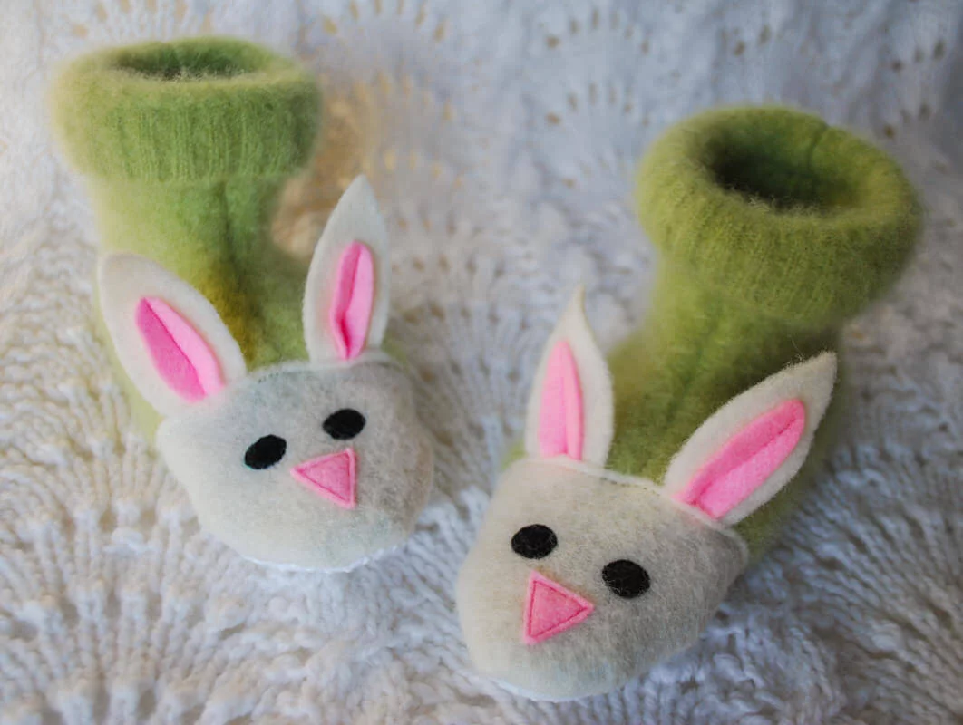 Fuzzy bunny slippers from recycled felted sweaters