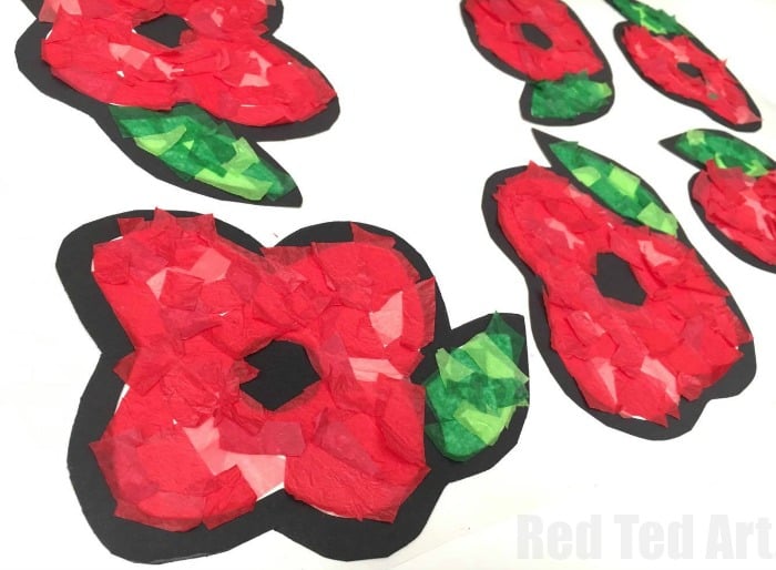 Pretty tissue paper poppy sun catchers Remembrance Day Crafts and Activities