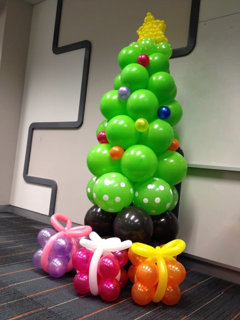 Cartoonish balloon tree and presents