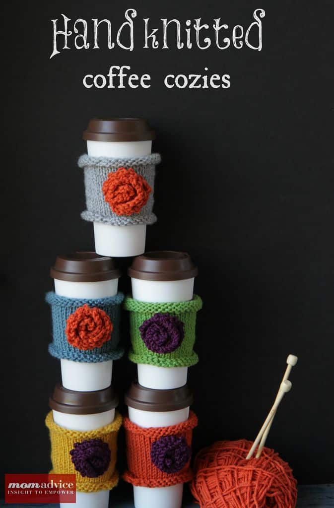 Hand knitted floral coffee cozies