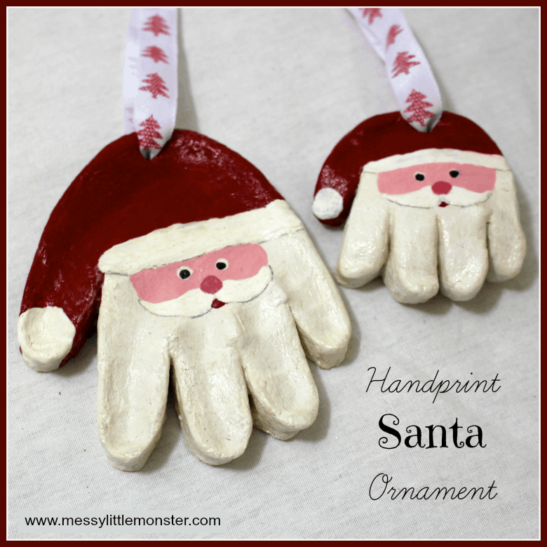 Painted salt dough Santa handprint ornaments