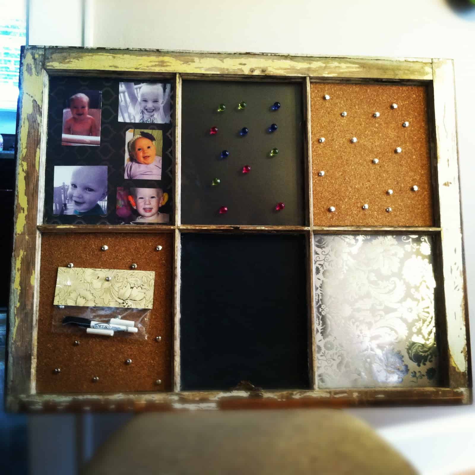 DIY recycled window frame message board
