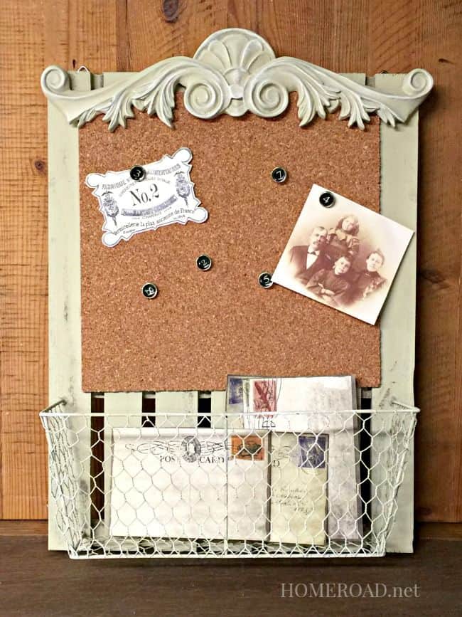 Vintage inspired cork board message centre with a basket