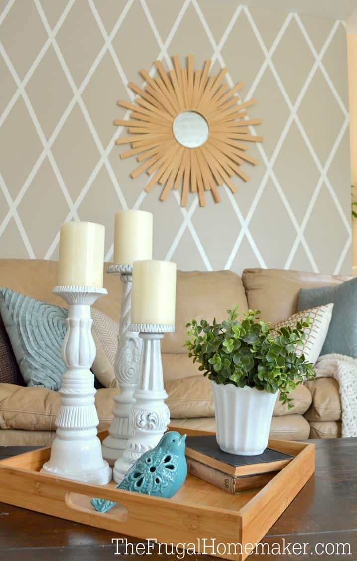 Painters tape painted diamond accent wall Using Painter’s Tape to Decorate Your Home
