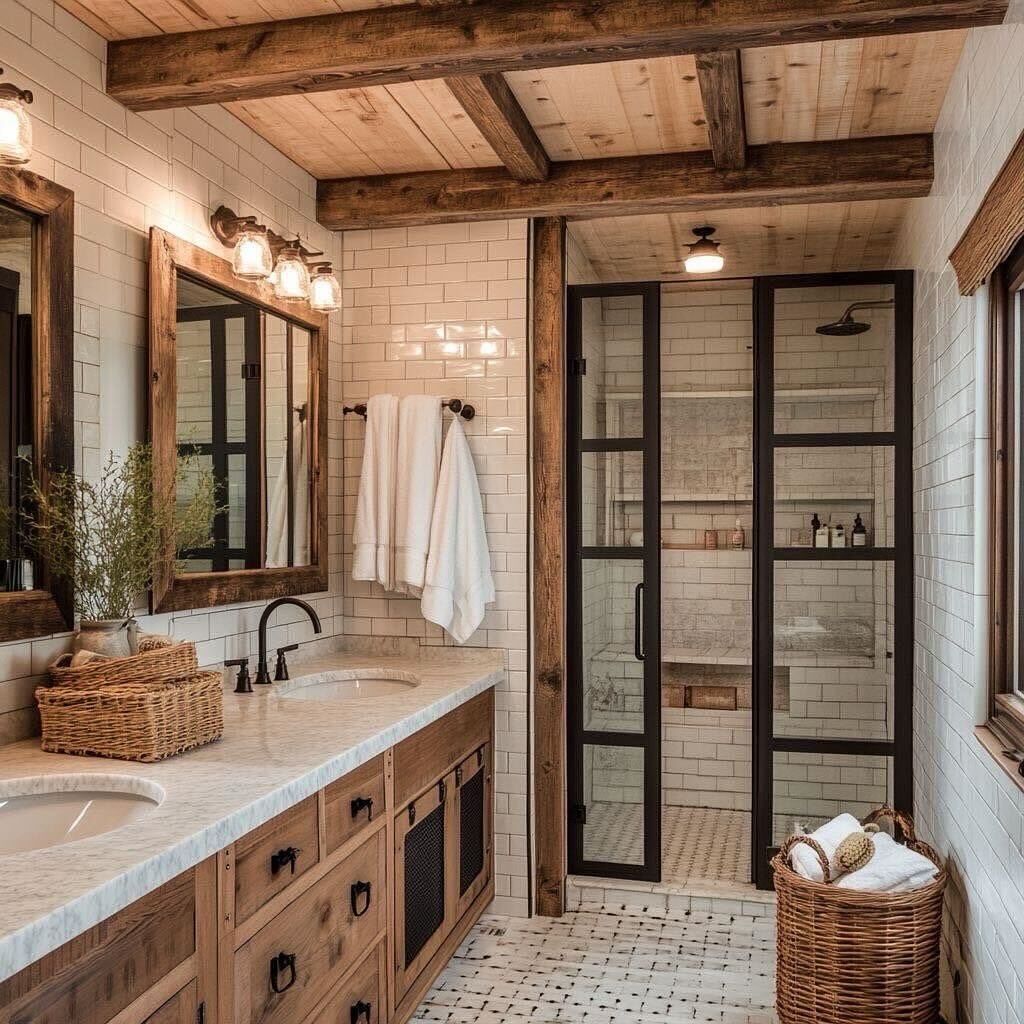 Narrow farmhouse bathroom with reclaimed wood ceiling beams, white subway tile walls, double wood vanity with marble top and woven baskets, black framed glass shower with built-in bench, and black and white basketweave floor