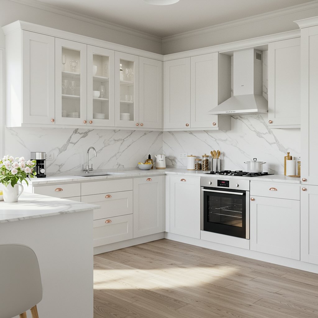Soft white shaker cabinets with glass-front uppers, full-height veined marble backsplash, rose gold copper cup pulls, white range hood, and light oak flooring