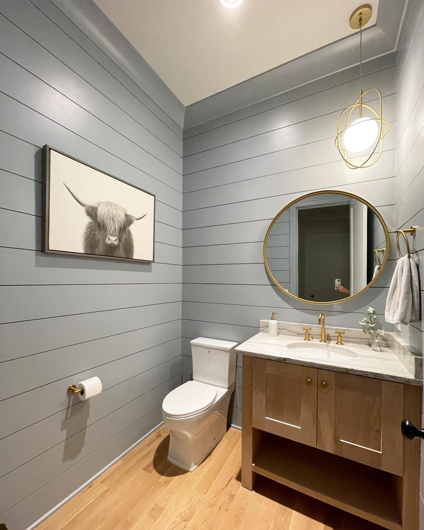 Small powder room with blue-gray horizontal shiplap walls, framed highland cow photograph, round gold mirror, gold orbital pendant light, wood vanity with marble top, brass faucet, and light oak floor