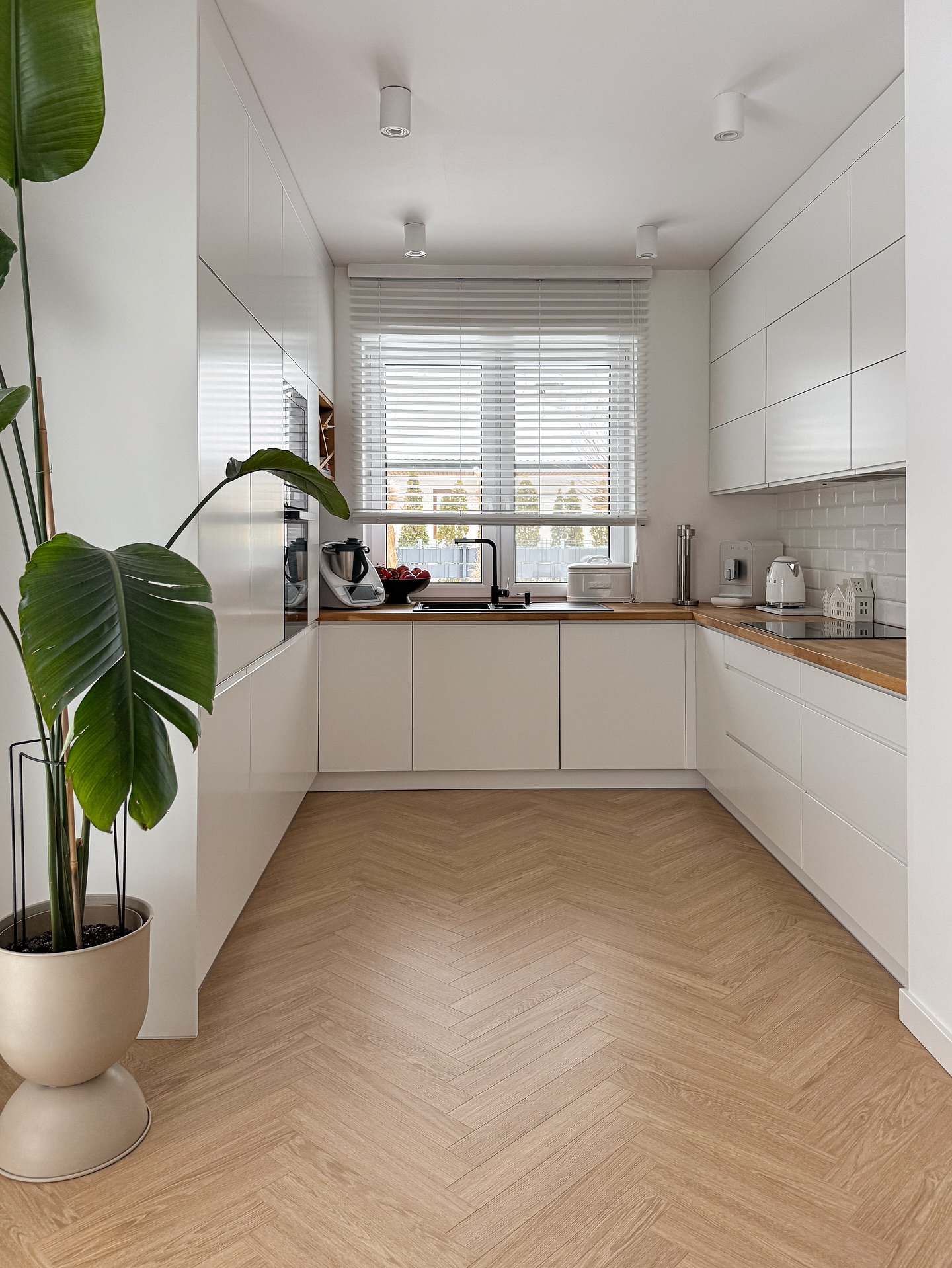 Flat-front handleless white cabinets in a U-shaped kitchen with wood butcher block counters, herringbone wood floor, large bird of paradise plant in a tan planter, and tall windows with white blinds