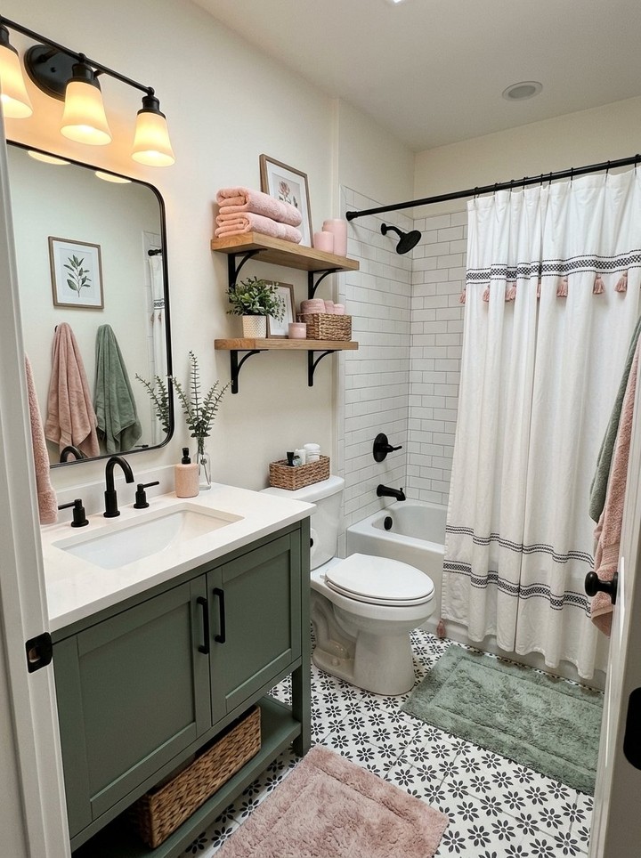 Farmhouse bathroom with sage green shaker vanity, white quartz countertop, matte black fixtures, white subway tile tub surround with white tassel shower curtain, black and white daisy pattern floor tile, pink and sage towels, and open wood shelves above the toilet