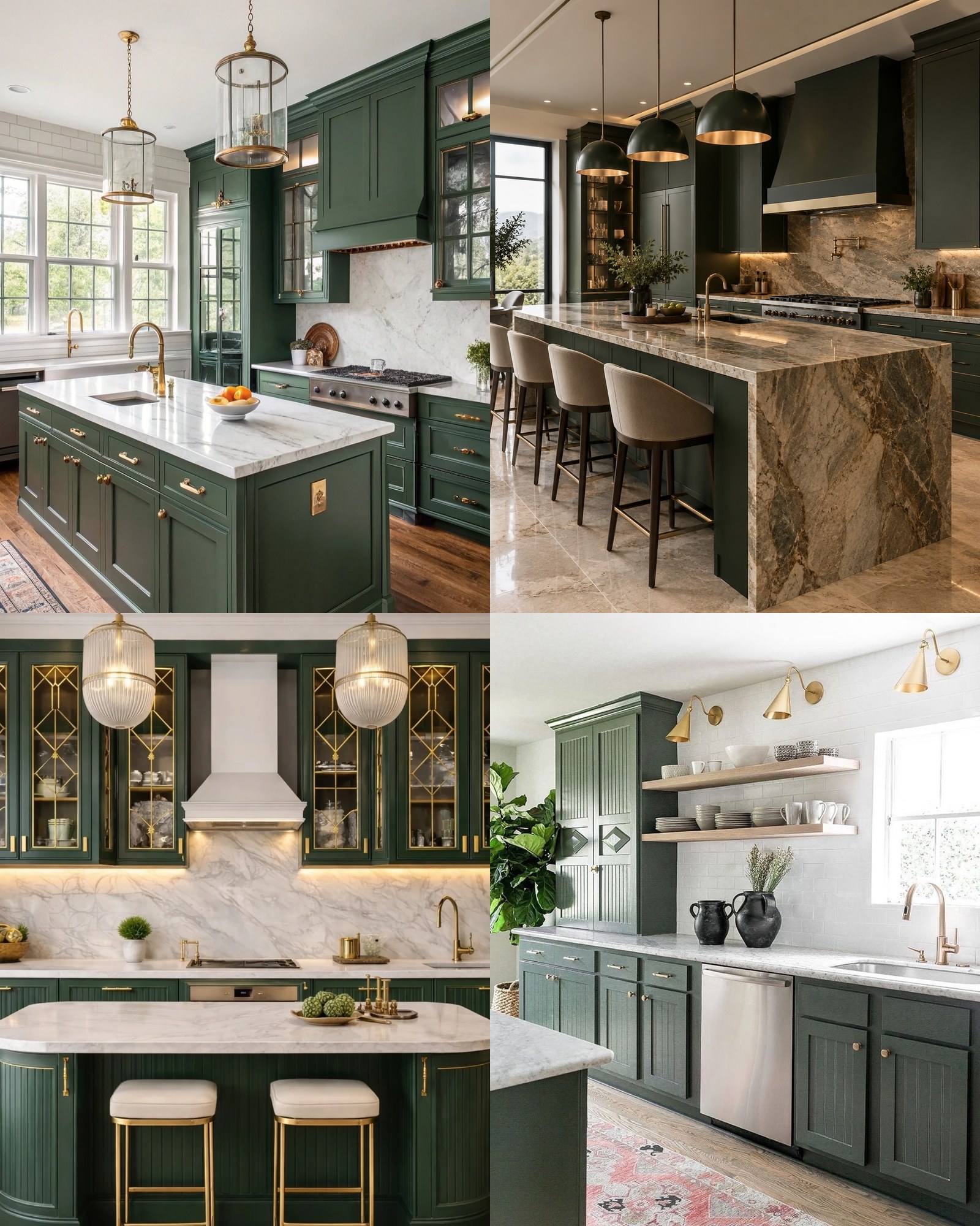 Collage of four lush green kitchen designs