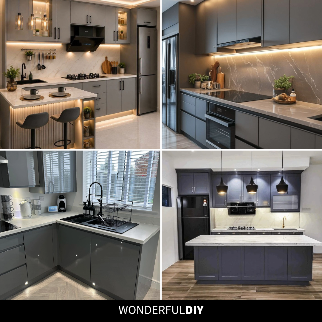 Collage of four grey kitchens showing modern matte cabinets with a warm wood ribbed island, dark matte grey with a full-height marble backsplash, mid-grey glossy handleless cabinets with white marble counters, and charcoal shaker cabinets with a marble top island