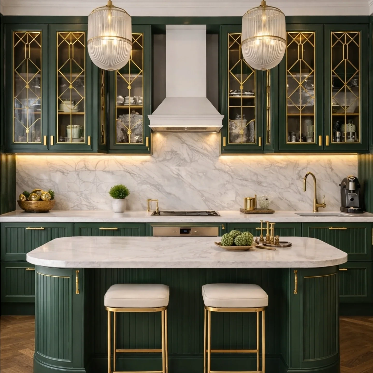 Dark green art deco kitchen with gold diamond fretwork over glass cabinet fronts, a white range hood with carved detail, a white marble backsplash, two large reeded glass pendants, a fluted green island with white marble top, and cream bar stools on gold legs over a herringbone floor