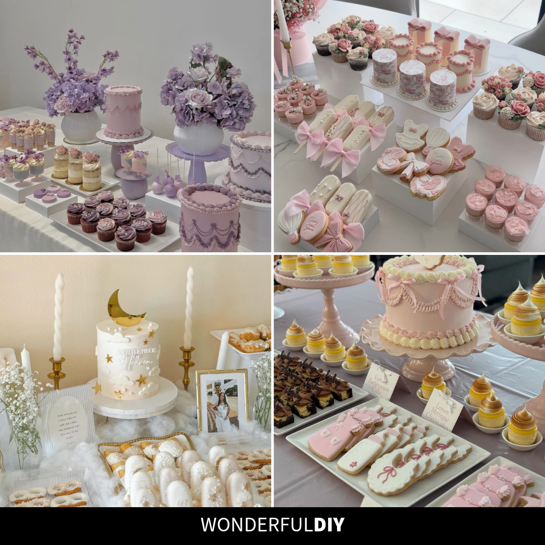Four-panel baby shower dessert table collage featuring a lavender and purple themed spread with lilac bouquets and ruffled cakes in the top left, a soft pink setup with bow-topped mini cakes, cupcakes, and iced macarons in the top right, an “After the pride of Heaven” white and gold moon-topped cake with twisted taper candles and chocolate-covered strawberries in the bottom left, and a pink and yellow themed table with a ruffled bow cake, lemon meringue cheesecakes, and bottle-shaped cookies in the bottom right, with a WONDERFULDIY banner at the bottom.