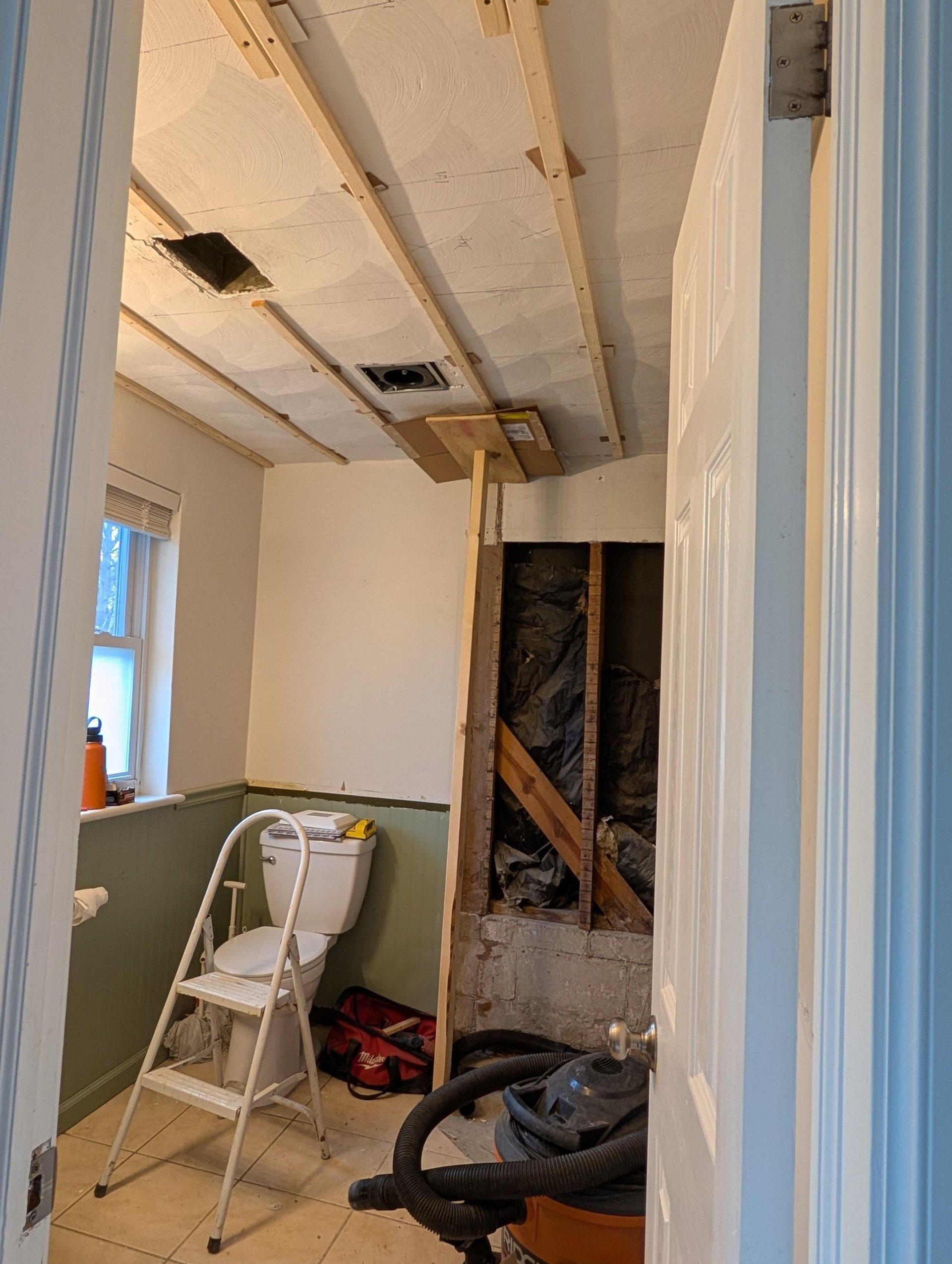 Mid-demolition bathroom shown from the doorway with wood furring strips attached across the old textured ceiling, the shower wall opened up to show black vapor barrier and framing, and the old sage green wainscoting still on the lower walls next to the toilet.