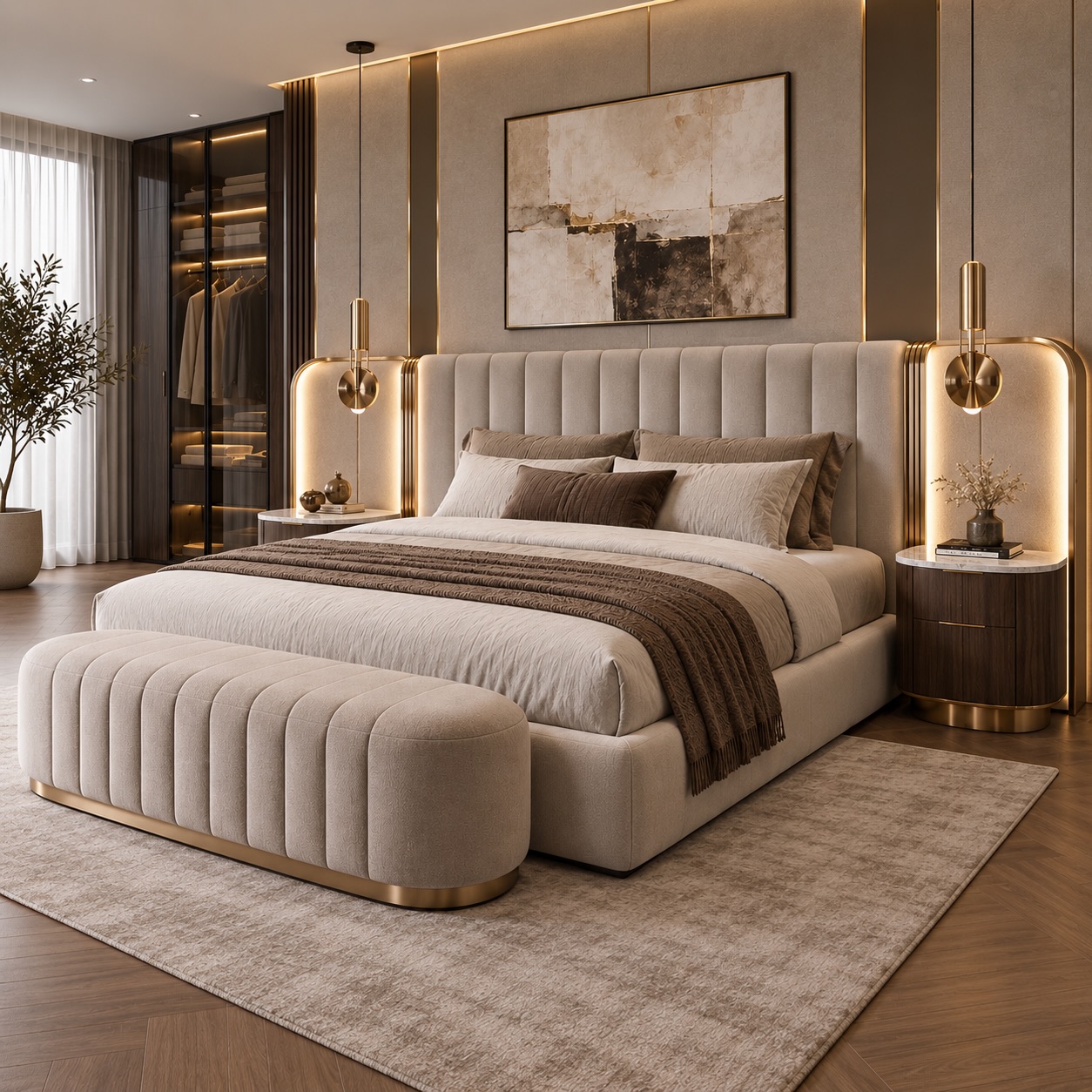Modern luxury master bedroom with tall beige channel-tufted upholstered headboard, brass pendant lights instead of bedside lamps, round wood nightstands and gold-trimmed bench