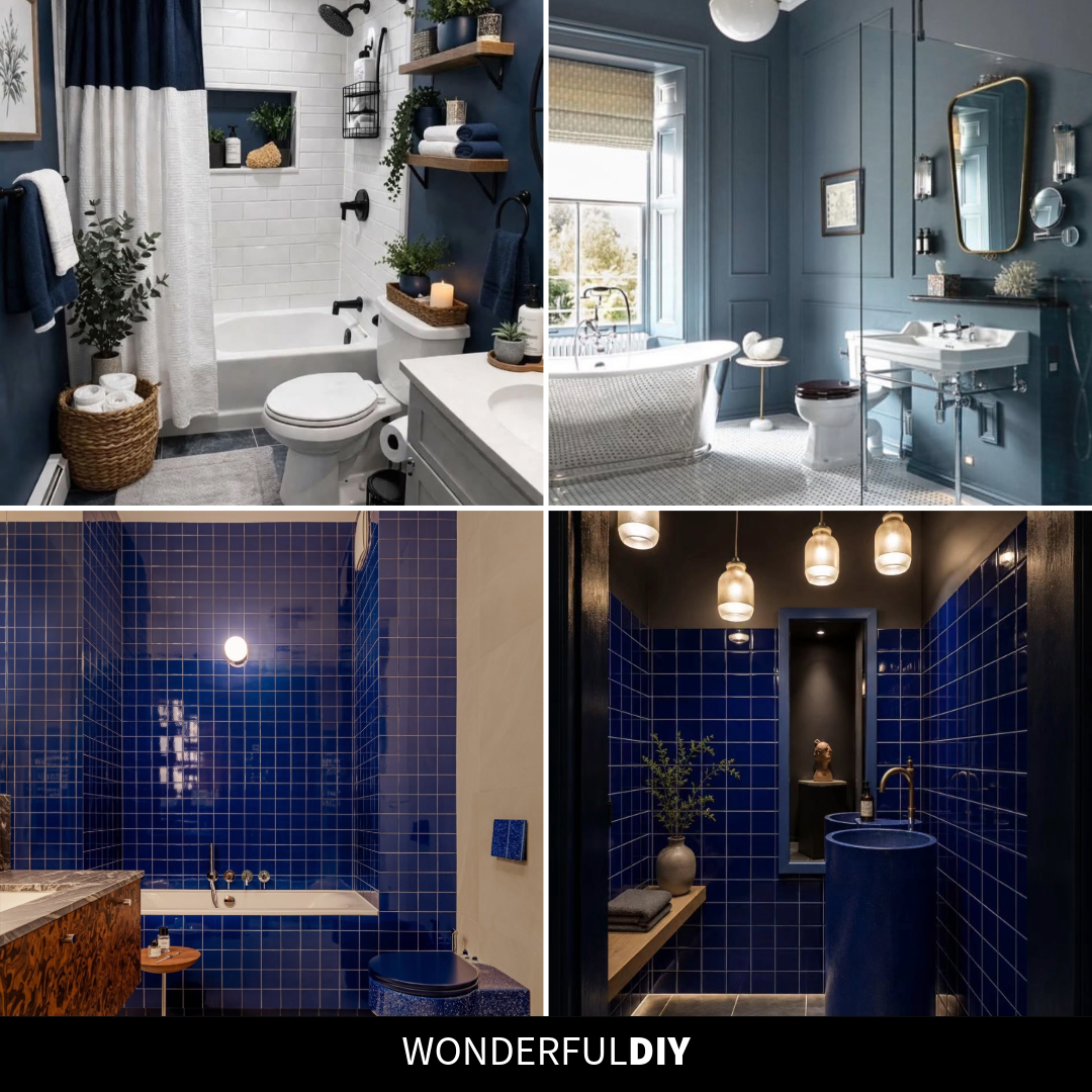 Collage of four blue bathrooms pairing navy and cobalt tile with wood vanities, brass fixtures, and stone counters, from a navy subway tile shower to a cobalt grid tile powder room