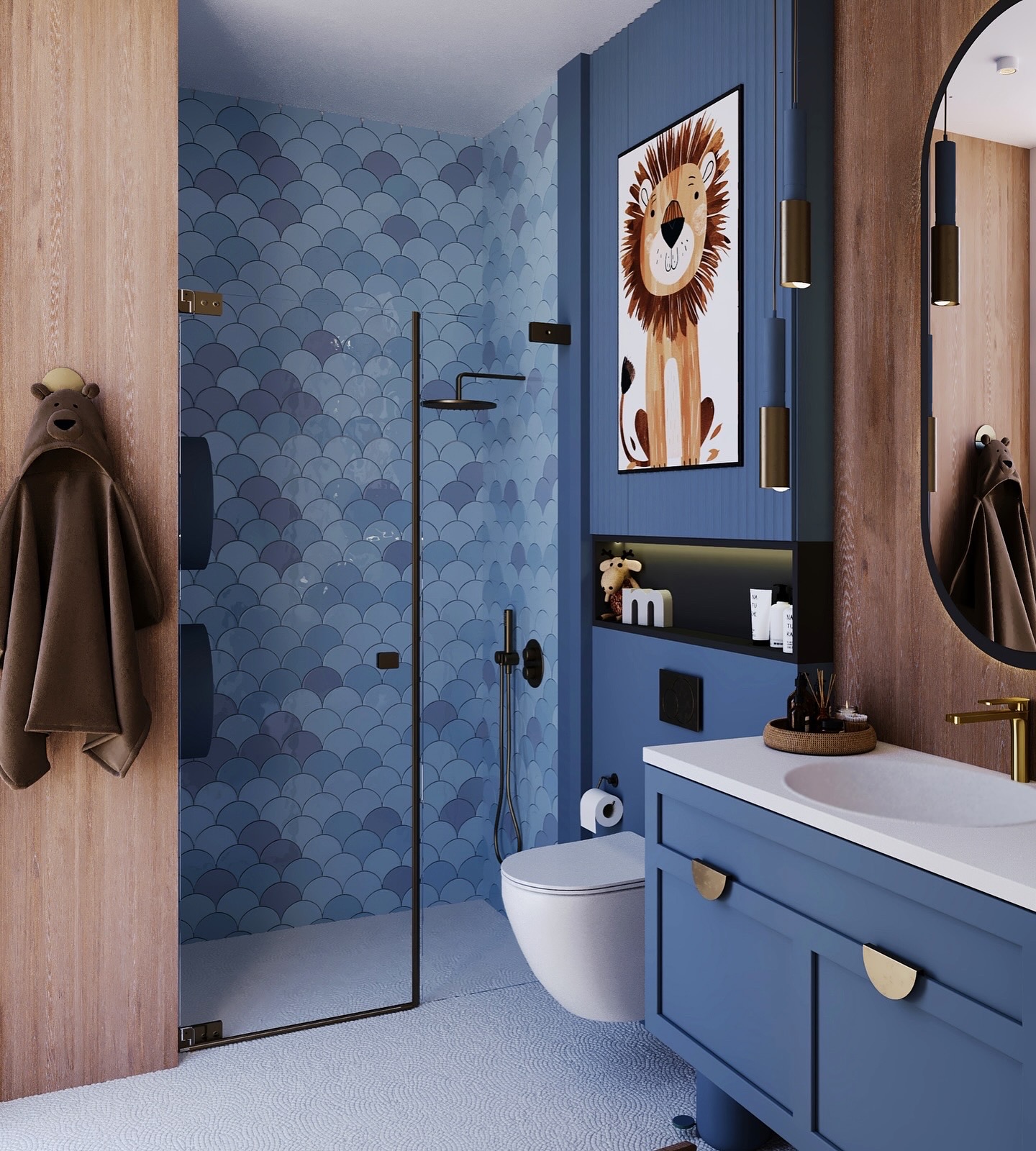 Blue fish scale tile shower, navy vanity with brass half-moon handles, lion art print, and wood paneled walls in a kids' bathroom