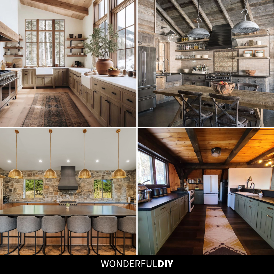 Four-image collage of cabin kitchen ideas featuring a mountain cabin kitchen with oversized wood windows, a rustic kitchen with weathered wood and zinc pendants, a stone wall kitchen with hammered brass pendants, and a sage green cabin kitchen with a woven runner