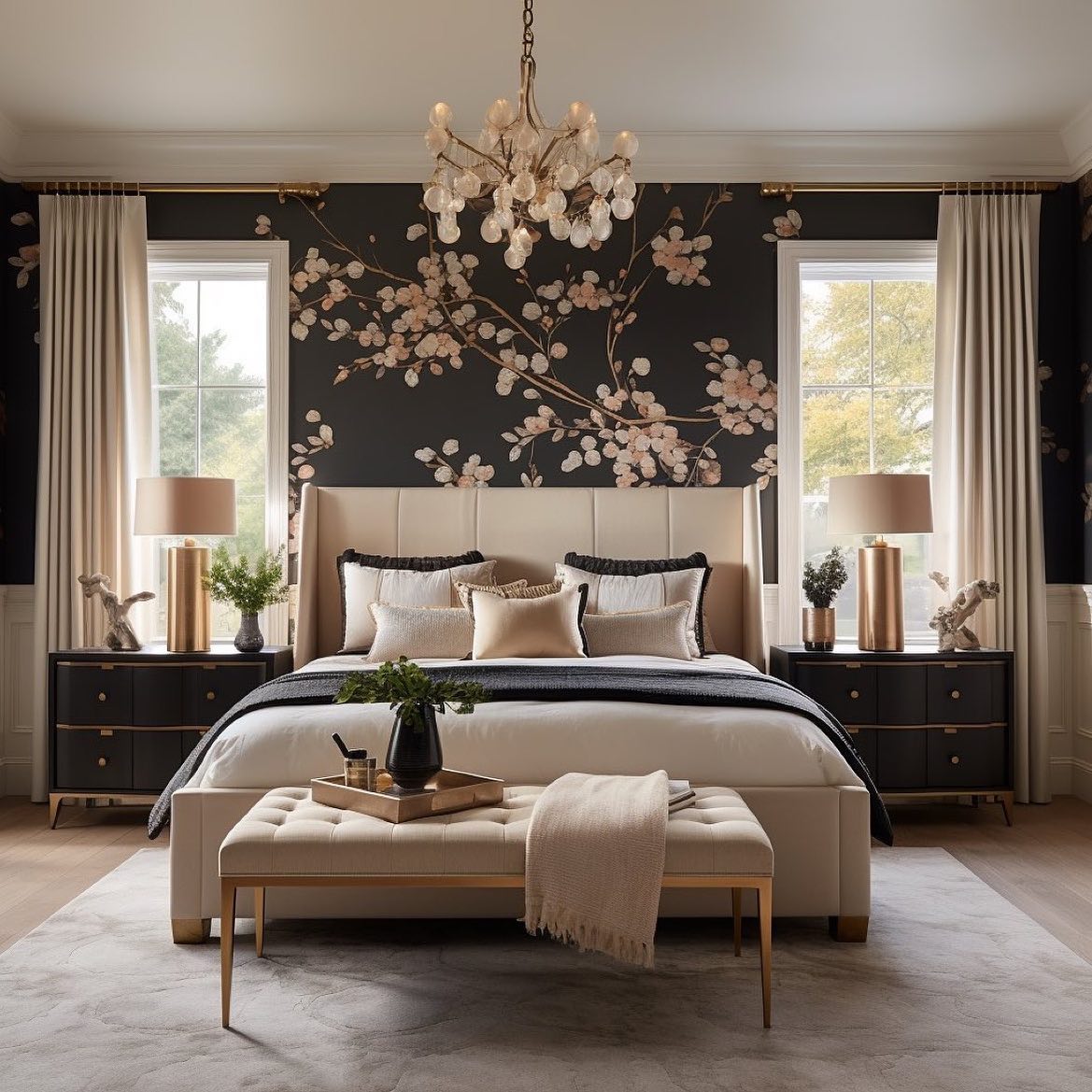 Cream upholstered master bedroom with a dark wall painted with cherry blossom branches, matching black and gold nightstands, cream bench and oversized chandelier