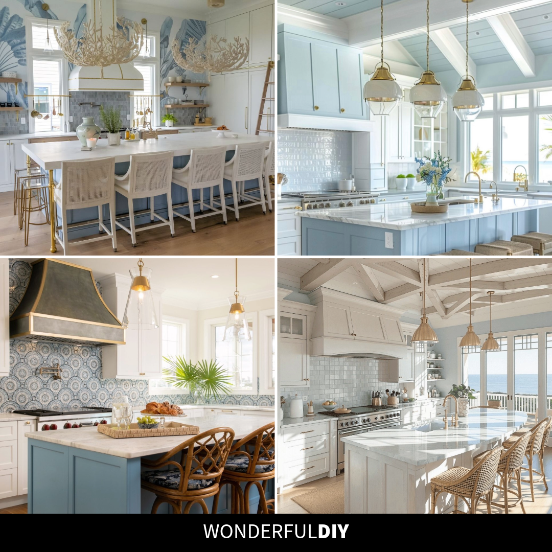 Four-image collage of coastal kitchens with blue palm wallpaper and coral chandeliers, powder blue cabinets with a shiplap ceiling, ocean view windows and a coffered wood ceiling, and a white marble island with brass pendants
