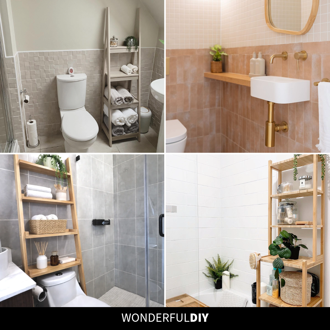 Four bathroom shelf setups shown together, from a light wood ladder tower in an attic bathroom and a leaning over-toilet ladder to dark floating shelves and a stepped bamboo shelf next to a bathtub