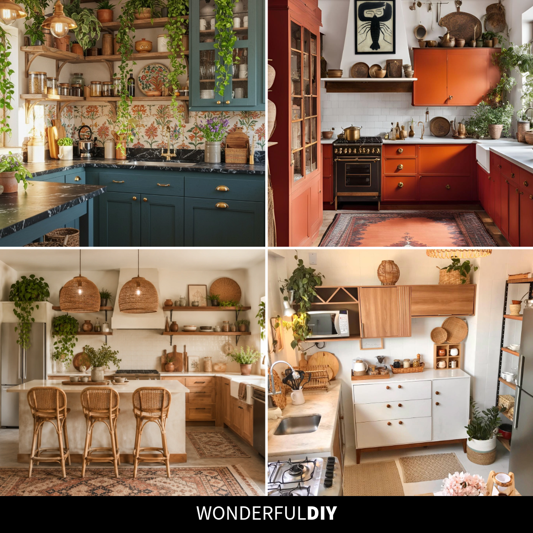 Four boho kitchens with carved wood ceilings, teal and terracotta cabinets, cascading pothos, rattan pendants, Persian rugs, and open shelves stacked with handmade ceramics