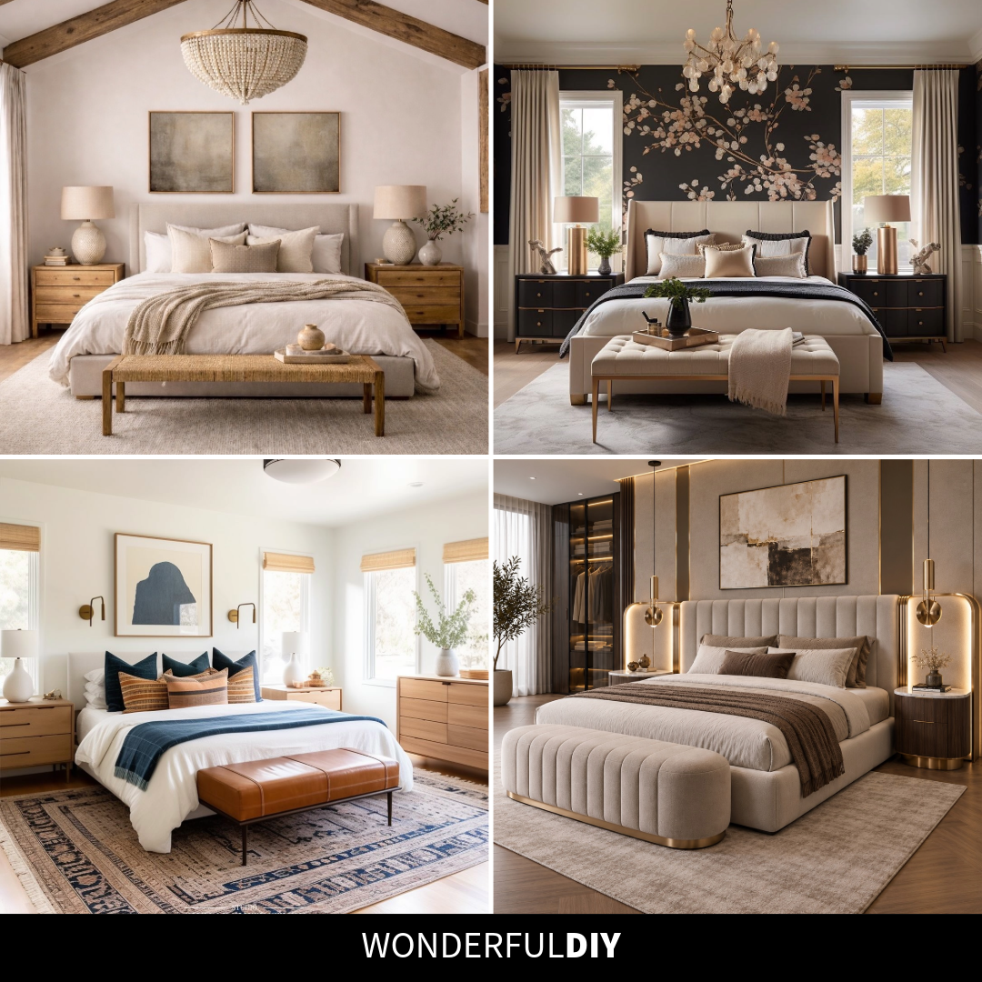 Collage of four master bedroom designs showing warm neutral, cherry blossom accent wall, airy white, modern brass pendant, sage mural, tropical colonial, dark green moody, and black walls glam styles