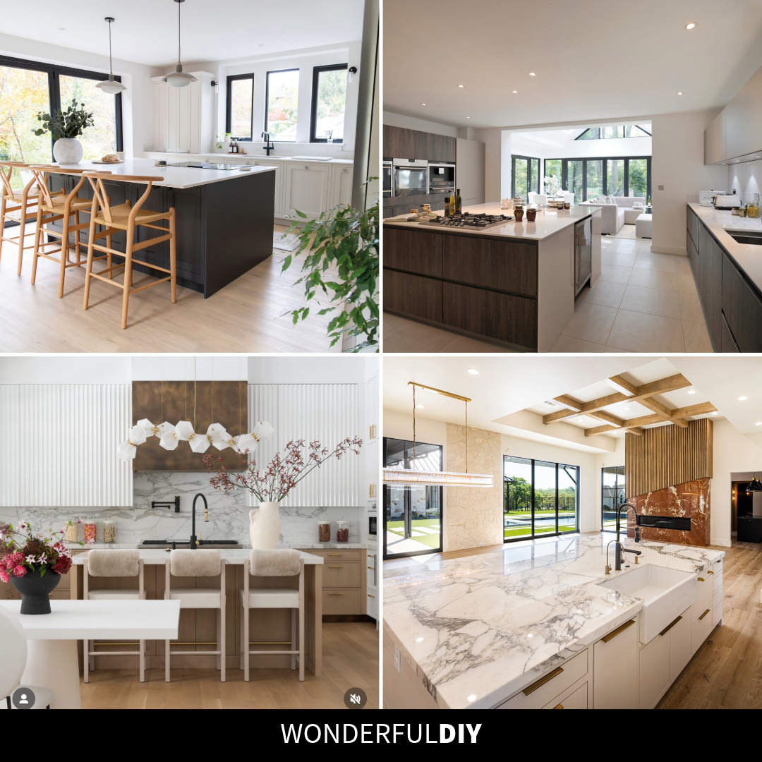 Collage of four minimalist kitchens with flat-front cabinets, clean counters, and restrained color palettes showing marble, wood, and quartz details